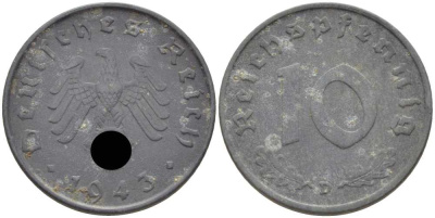 ГЕРМАНИЯ 10 РЕЙХСПФЕННИГОВ 1943 D KM 101, J. 371 цинк 4401-554