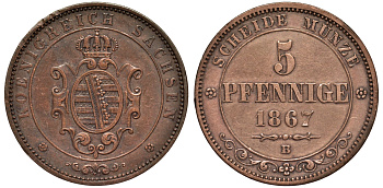 САКСОНИЯ 5 ПФЕННИГОВ 1867 В KM 1218 медь 75-724