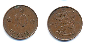 Финляндия 10 пенни 1930 республика (1918-1962) KM 24 медь 51-5325