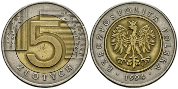 Польша 5 злотых 1994 MW KM 284 биметалл 4167-322