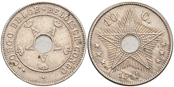 Бельгийское Конго 10 сантимов 1911 Альберт I (1909-1934) KM 18 медно-никель 190-832