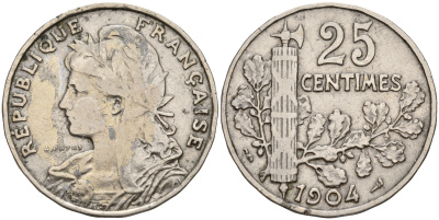 Франция 25 сантимов 1904 первый год KM 856 никель      4153-352