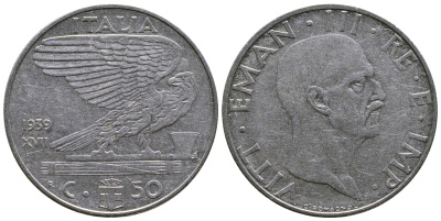 ИТАЛИЯ 50 ЧЕНТЕЗИМО 1939 R, ВИКТОР ИМАНУИЛ III, НЕ МАГНИТНАЯ, XVII ГОД KM 76а сталь 51-334