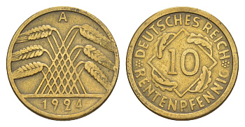 Германия 10 рентенпфеннигов 1924 A KM 33, J. 309 алюминиевая бронза 4640-346