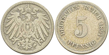 ГЕРМАНИЯ 5 ПФЕННИГОВ 1894 D KM 11, J. 12, Weege 6 медно-никель 206-914