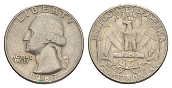 США 25 центов (квотер) 1967 Вашингтон KM 164a медь плакированная медно-никелем 4641-836