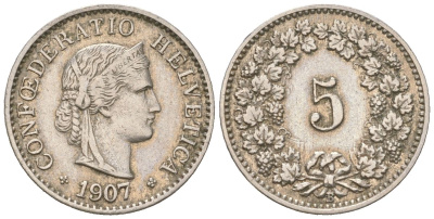 Швейцария 5 раппенов 1907 B KM 26 медно-никель 4160-358