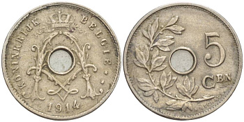 БЕЛЬГИЯ 5 САНТИМОВ 1914 BELGIE KM 67 медно-никель 4551-612