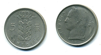 БЕЛЬГИЯ 5 ФРАНКОВ 1977 BELGIE KM 135.1 медно-никель 25-1456