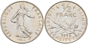 ФРАНЦИЯ 1/2 ФРАНКА 1976 СЕЯТЕЛЬ KM 931.1, LE FRANC 198.15 никель 187-125