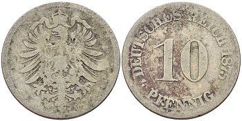 ГЕРМАНИЯ 10 ПФЕННИГОВ 1875 СТАРОГЕРБОВКА KM 4, J. 4 медно-никель 4401-253