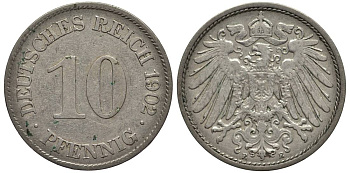 Германия 10 пфеннигов 1902 E KM 12, Jager 13, Weege 8 медно-никель 219-346