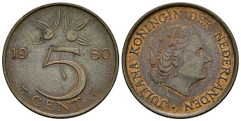 Нидерланды 5 центов 1980 Юлиана (1948-1980) KM 181 бронза 72-522