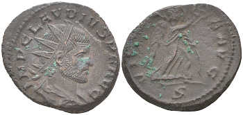 Римская Империя антониниан 268 - 270 Клавдий II Готский, бюст императора, IMP CLAVDIVS PF AVG / Виктория, VICTORIA AVG, Медиолан (из немецкой коллекции 1-й половины XX века, с владельческой этикеткой) RIC 171 биллон 1073-15-91
