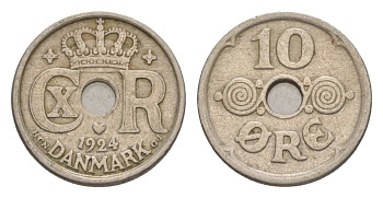Дания 10 эре 1924 HCN; GJ, Кристиан X (1912-1947) KM 822 медно-никель 4627-1166