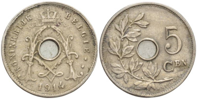 БЕЛЬГИЯ 5 САНТИМОВ 1914 BELGIE KM 67 медно-никель 4551-612