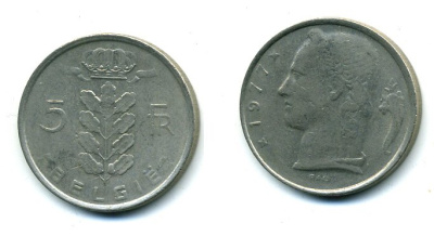 БЕЛЬГИЯ 5 ФРАНКОВ 1977 BELGIE KM 135.1 медно-никель 25-1456