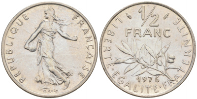 ФРАНЦИЯ 1/2 ФРАНКА 1976 СЕЯТЕЛЬ KM 931.1, LE FRANC 198.15 никель 187-125