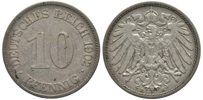 Германия 10 пфеннигов 1902 E KM 12, Jager 13, Weege 8 медно-никель 219-346