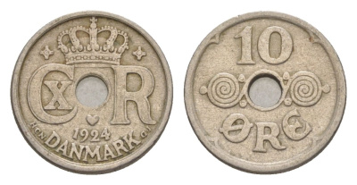 Дания 10 эре 1924 HCN; GJ, Кристиан X (1912-1947) KM 822 медно-никель 4627-1166