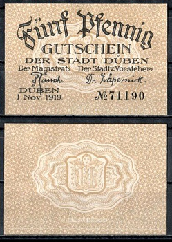 Дюбен (Пруссия, Саксония) 5 пфеннигов 1919 Mehl Grabowski D33.2a бумага UNC (пресс) 7555-59-3-1