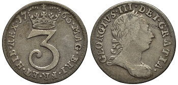 Великобритания 3 пенса 1763 Георг III (1760-1820) KM 591, Spink 3753 серебро 1524-234
