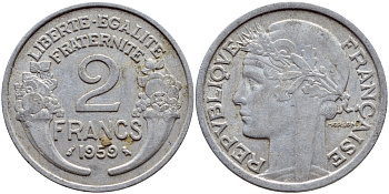 ФРАНЦИЯ 2 ФРАНКА 1959 KM 886a.1, LE FRANC 269.19 алюминий 4397-757