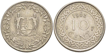 Суринам 10 центов 1962 KM 13 медно-никель 100-141