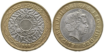 Великобритания 2 фунта 1998 Елизавета II (1952-2022) KM 994, Spink 4570 (K9) (K9) биметалл 3999-1033