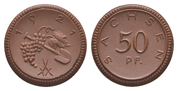 Саксония 50 пфеннигов 1921 Men05 22281.9, Men18 27868.9, Scheuch 34a фарфор 1094-6-75