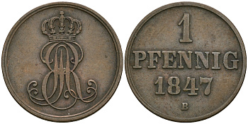 Ганновер 1 пфенниг 1847 B, Эрнст Август (1837-1851) KM 201.1, AKS 129, J. 74 медь 08-1318