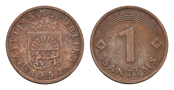 Латвия 1 сантим 1992 KM 15 сталь плакированная медью 105-231