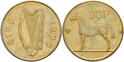 Ирландия 20 пенсов 1996 лошадь KM 25 никель бронза XF 4583-332