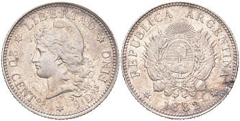 Аргентина 20 сентаво 1882 KM 27 серебро 4622-124