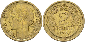 ФРАНЦИЯ 2 ФРАНКА 1938 ТИП MORLON KM 886, LE FRANC 268.11 алюминиевая бронза 3855-122