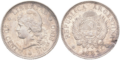Аргентина 20 сентаво 1882 KM 27 серебро 4622-124