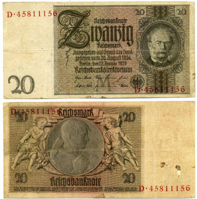 ГЕРМАНИЯ 20 РЕЙХСМАРОК 1929 Pick 181a бумага 3295-78-2