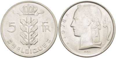 БЕЛЬГИЯ 5 ФРАНКОВ 1978 BELGIQUE, БОДУЭН I (1951-1993) KM 134.1 медно-никель 213-623