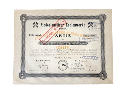 Германия акция в 1000 марок 1920 компании «Niederlausitzer Kohlenwerke» / Нижнелужицкие угольные заводы в Берлине. бумага 5555-24