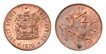 ЮАР 1/2 цента 1970 два капских воробья на ветке KM 81 бронза UNC 105-529