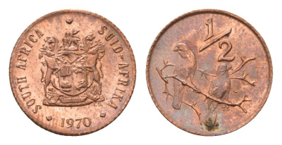 ЮАР 1/2 цента 1970 два капских воробья на ветке KM 81 бронза UNC 105-529
