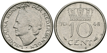 Нидерланды 10 центов 1948 Вильгельмина (1895-1948) KM 177 никель 96-537