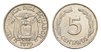 Эквадор 5 сентаво 1970 KM 75c сталь плакированная никелем 4640-1131