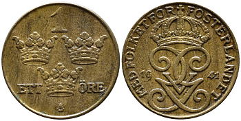 Швеция 1 эре 1941 Густав V (1907-1950) KM 777.2 бронза 4387-1222