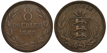 Гернси 8 даблов (дублей) 1868 KM 7 бронза 650-234