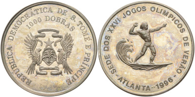 Сан-Томе и Принсипи 1000 добра 1996 XXVI Олимпийские игры 1996 года в Атланте, серфинг KM 62 медно-никель PROOF 00-00
