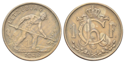 Люксембург 1 франк 1946 Шарлотта, сталевар (1919-1964) KM 46.1 медно-никель 4646-1247