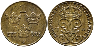 Швеция 1 эре 1941 Густав V (1907-1950) KM 777.2 бронза 4387-1222