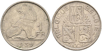 БЕЛЬГИЯ 1 ФРАНК 1939 BILGIQUE-BELGIE KM 119 никель 4563-1153
