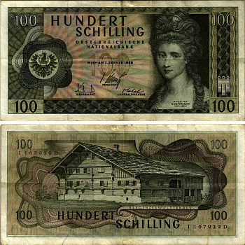 Австрия 100 шиллингов 1969 Анжелика Кауфманн, "Монфор" герб Форарльберга Pick 145a бумага 7214-47-1-2
